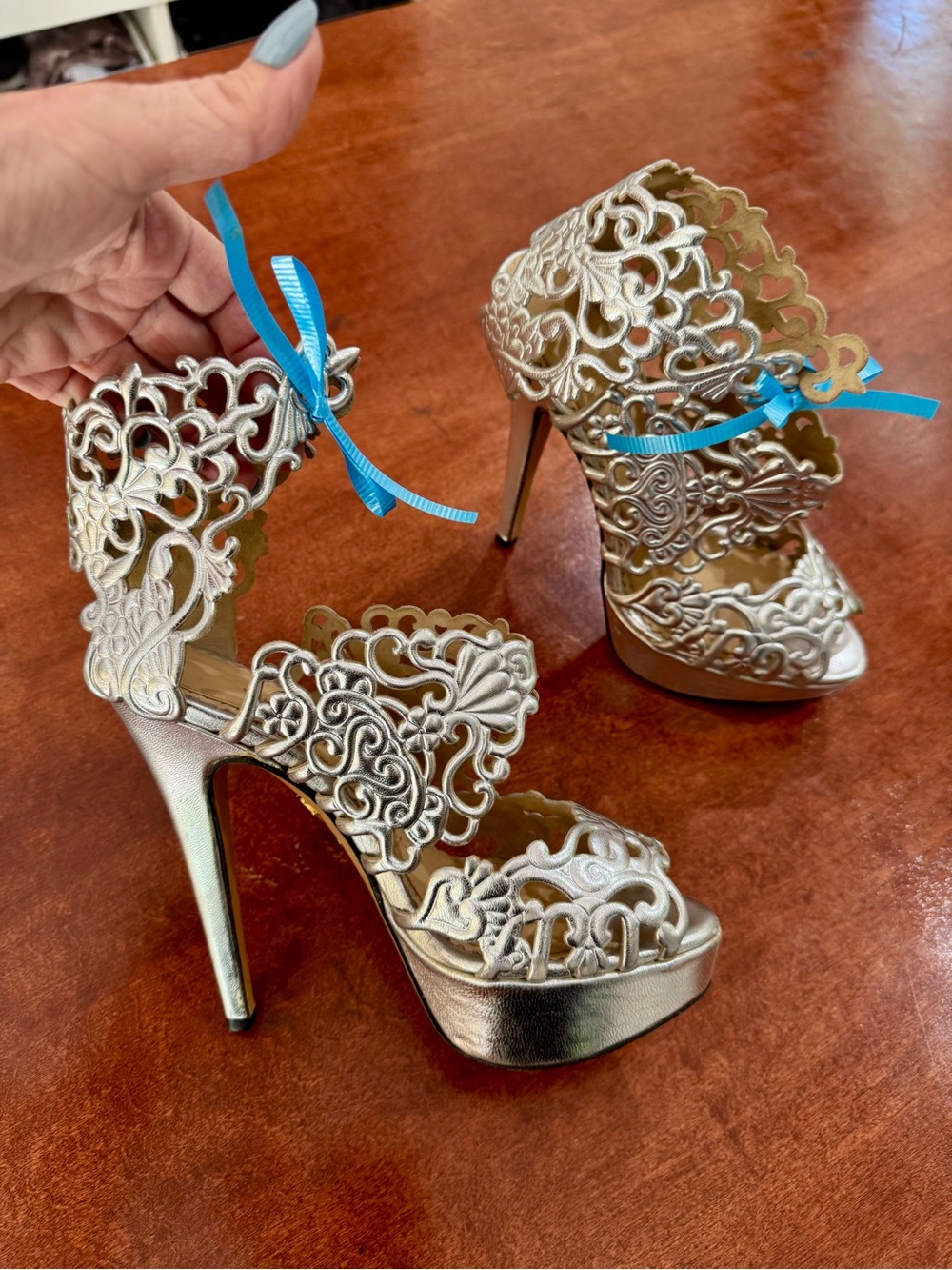 Charlotte Olympia Silver Filigree Platform Stiletto Sandals - Picture 11 of 12